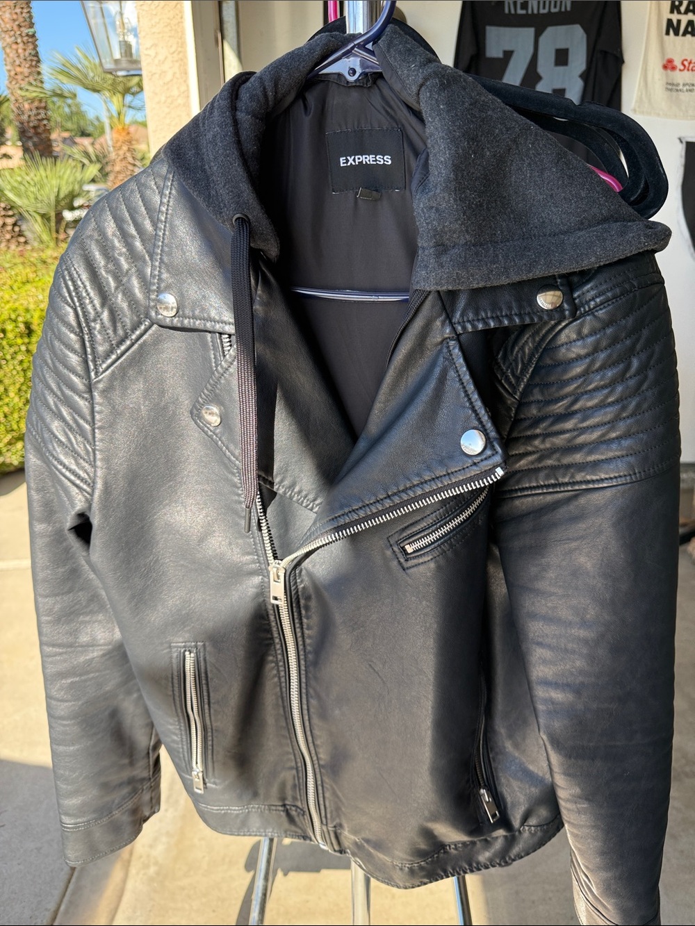 Express Black Faux-Leather Hooded Moto Jacket